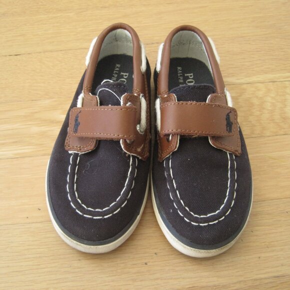 Polo Ralph Lauren Sander EX Boat Shoes Sz 9T Navy Brown Unisex Loafers Topsiders - Picture 1 of 8
